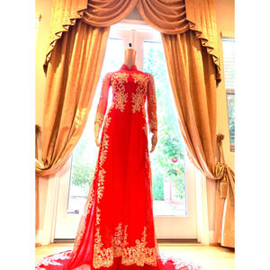 Red Ao Dai Vietnamese Traditional Wedding Gold Embroidery Train Maxi Sheer Gown